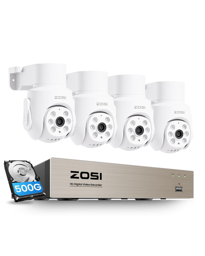 ZOSI 2MP Kabelgebunden Überwachungskamera Set mit Audio, 8CH 500GB DVR und 4X PTZ TVI Aussenkameras,