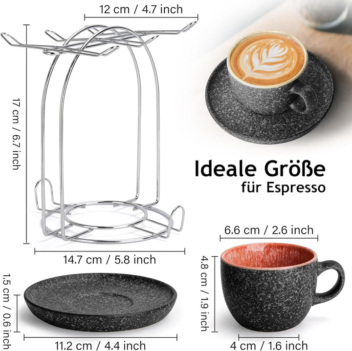 MIAMIO - Espressotassen 80 ml - Las Palmitas Collection (Dunkelgrau) | mit Untertassen, aus Keramik,