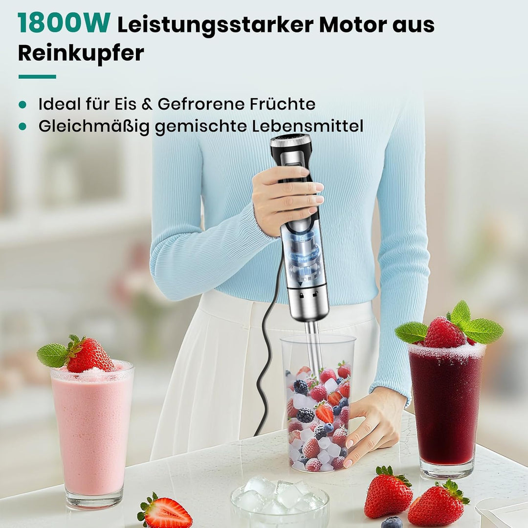 1800 W 4-in-1-Stabmixer für Suppen Babynahrung Smoothies Küche | inklusive Schneebesen Zerkleinerer