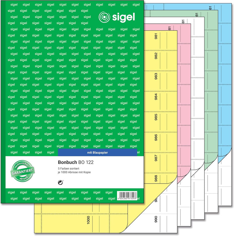 SIGEL BO122 Bonbücher 5er Set á 1000 Abrisse, in gelb, rosa, weiss, grün, blau, A4, 2x50 Blatt Sparp