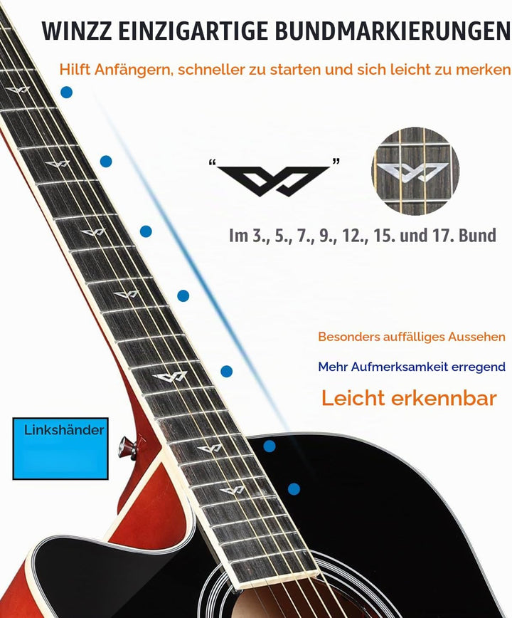 Winzz 4/4 Elektro-Akustische Gitarre, Linkshänder Westerngitarre Set Erwachsene Anfänger, Akustikgit
