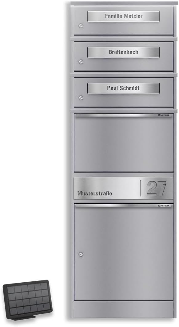 Metzler Paketbriefkasten mit LED-Solarbeleuchtung und 3 abschliessbaren Fächern in Graualuminium mit