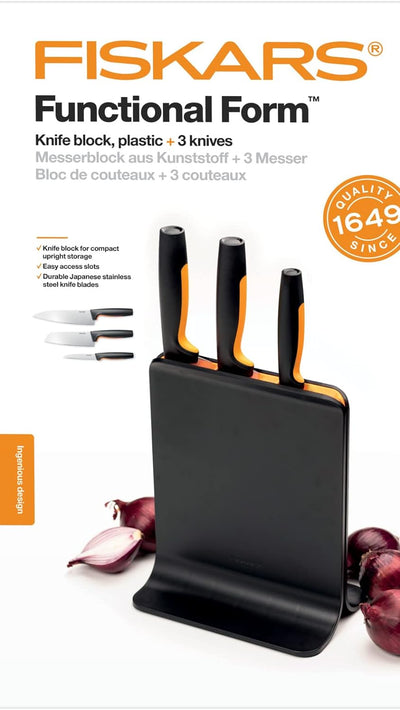 Fiskars Design-Messerblock mit 3 Messern, Functional Form, Inklusive Gemüsemesser, Santoku Kochmesse