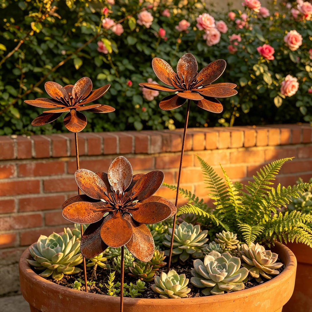 3er Set Gartenstecker Rost Deko Gartendeko für Draussen Wetterfest Sonnenhut Metall Rost Gartendeko