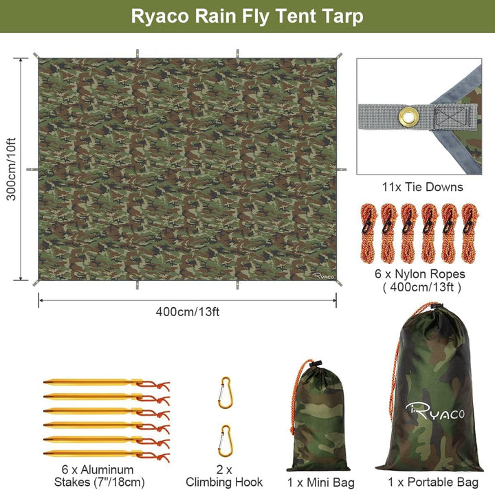 RYACO Tarp 3x4 m Wasserdicht Zeltplane Ultraleicht mit ösen + 6 Erdnägel + 6 Seilen, Anti-UV Schnee