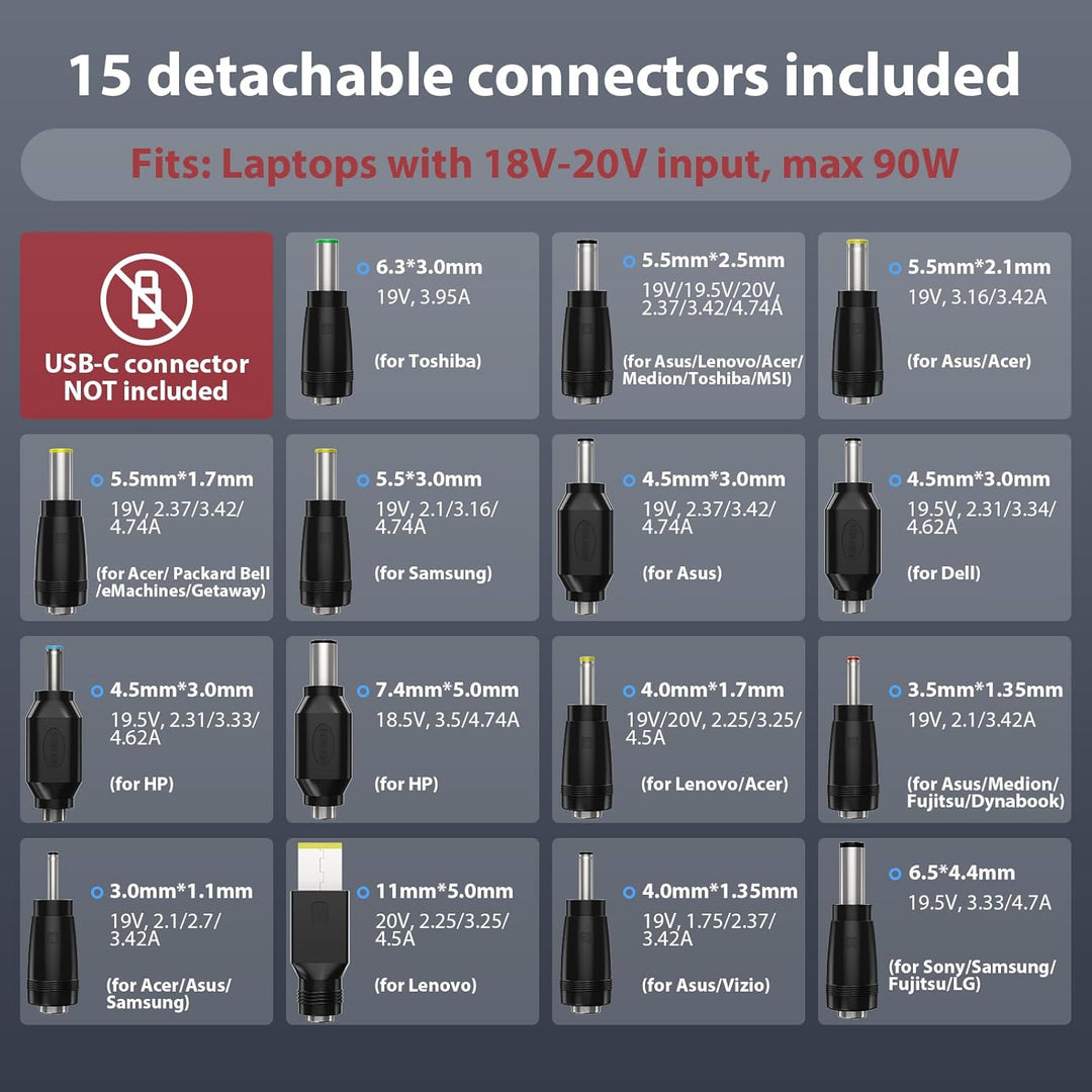 SUNYDEAL 90W Universal Netzteil Laptop Ladekabel Ladegerät für HP Lenovo ASUS Acer Dell Samsung Medi