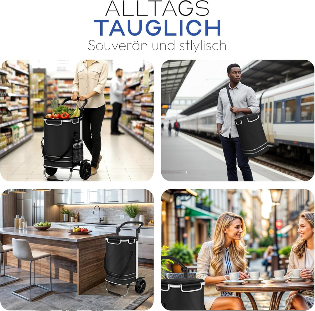Dimono® Einkaufstrolley Rolltex Klappbarer 3 in1 Trolley zum Einkaufen; 56 Liter inkl. Kühlfach; Tra