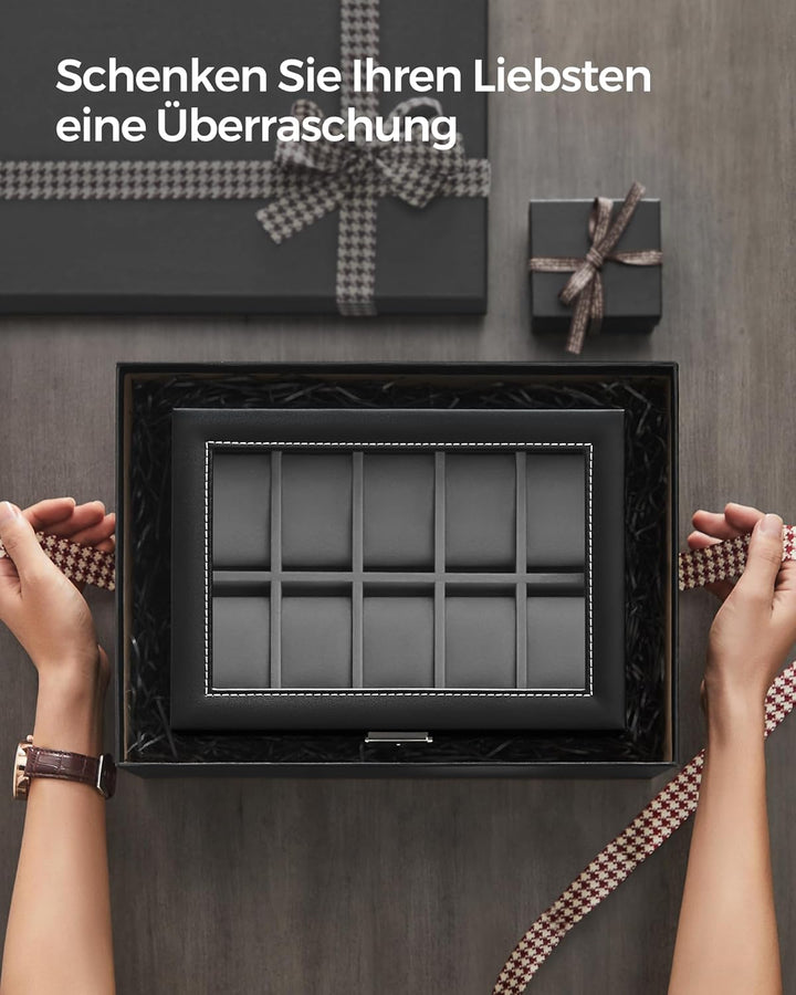 SONGMICS Uhrenbox, Uhrenkasten mit Glasdeckel, 2 Ebenen, Uhrenkoffer mit herausnehmbaren Uhrenkissen