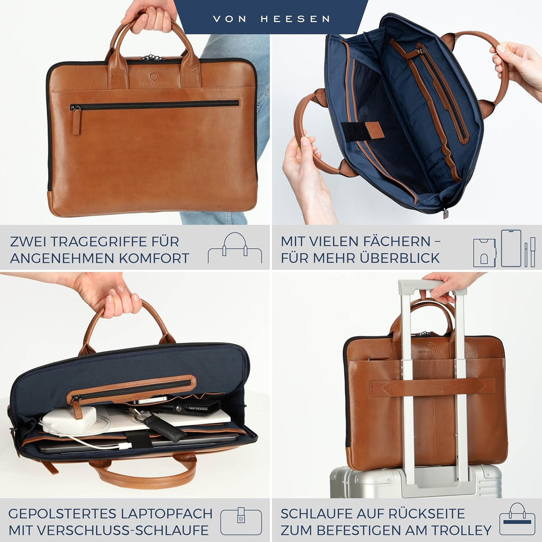 VON HEESEN Leder Aktentasche Laptoptasche bis 16 Zoll aus hochwertigem Nappa-Leder Cognac Braun (Gla