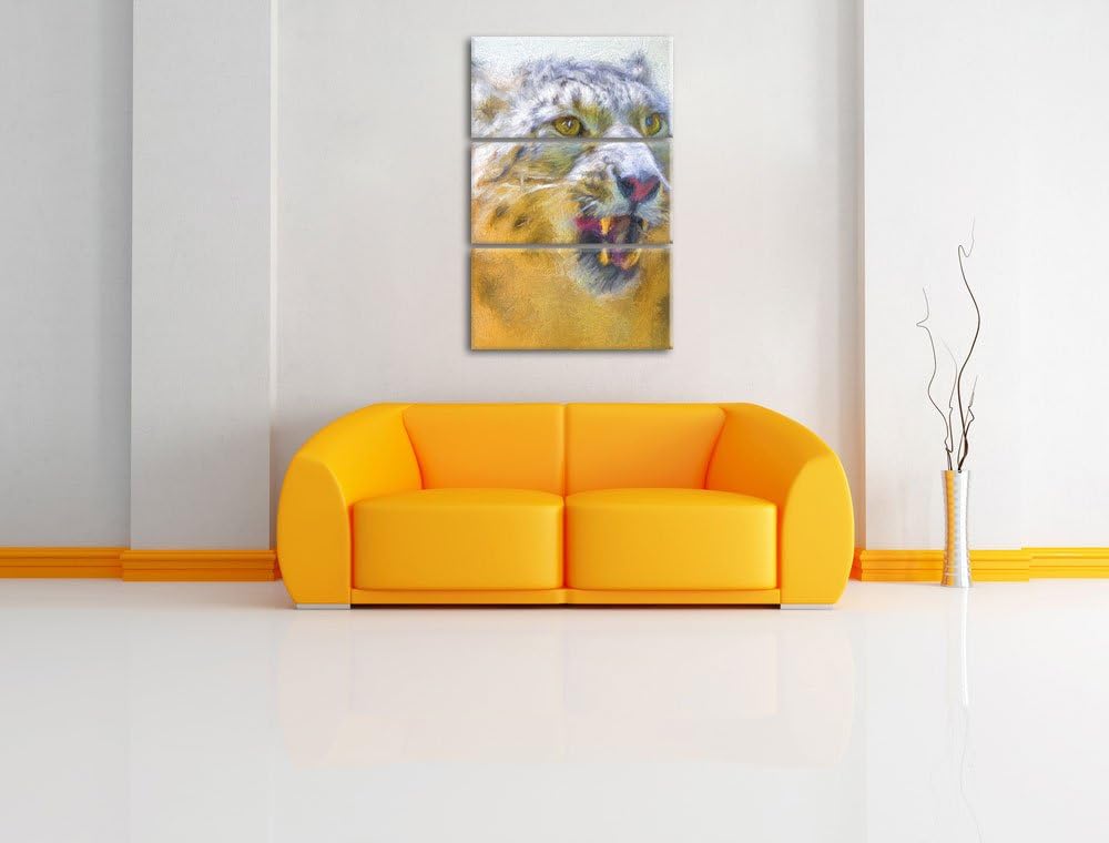 Schneeleopard zeigt Zähne Spezial 3-Teiler Leinwandbild 120x80 Bild auf Leinwand, XXL riesige Bilder