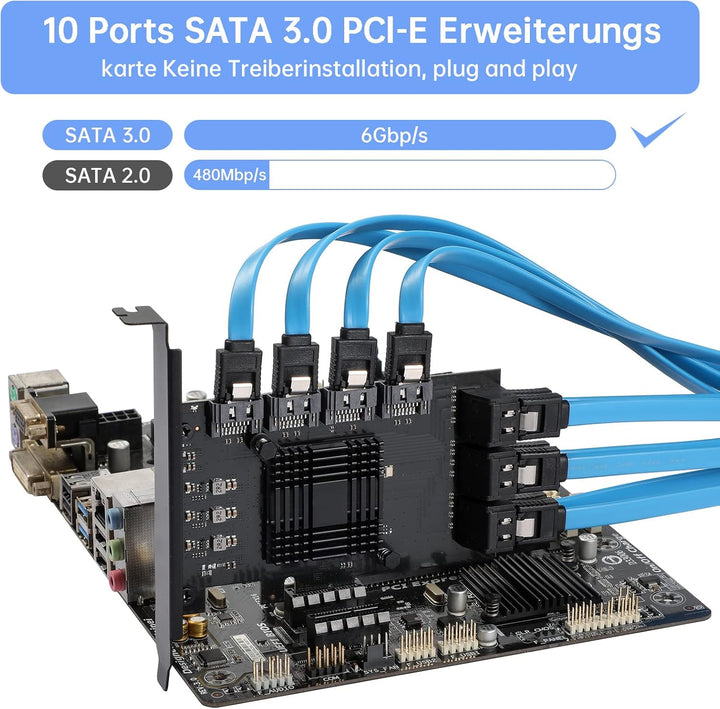 PCIE zu SATA Karte 10 Port mit 10 SATA Kabel, 6Gbps SATA 3.0 Controller PCI Express Erweiterungskart