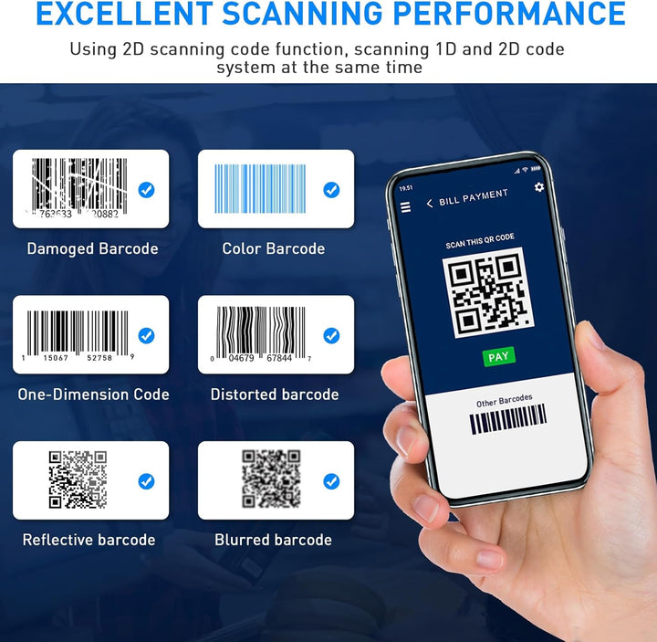 Bluetooth Barcode Scanner, Mini 2D tragbarer kabelloser Barcode-Scanner 3-in-1-Bluetooth- und 2,4-G-