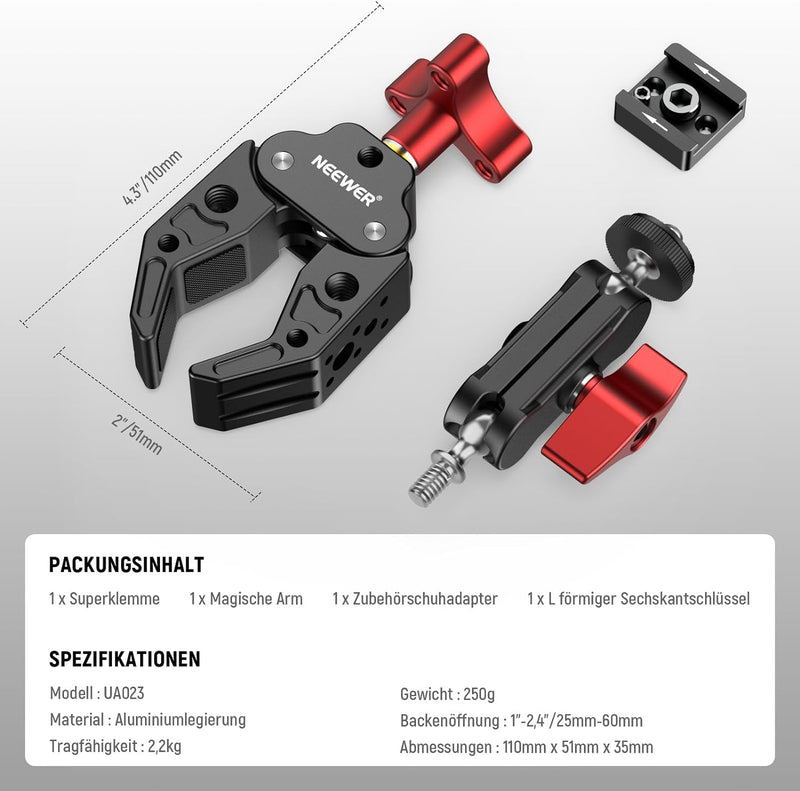 NEEWER Super Clamp mit Dual Kugelkopf Magic Arm, Cold Shoe Halterung, 1/4" 3/8" Gewinde, kompatibel