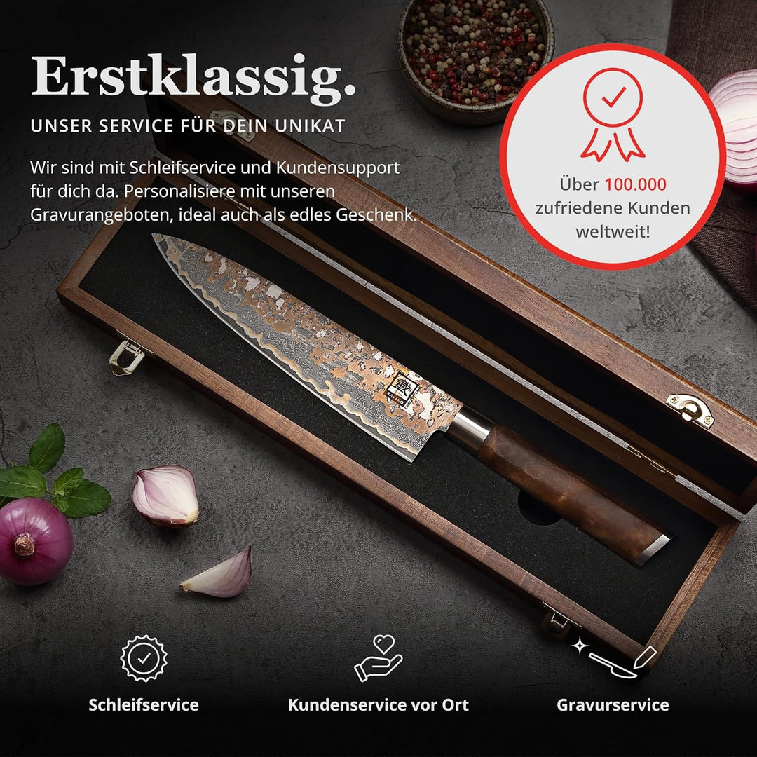 zayiko MysticMagma Chefmesser Damast 20 cm, 67 Lagen Damaststahl mit VG10 Kern, Kupfer und Bronze Ei