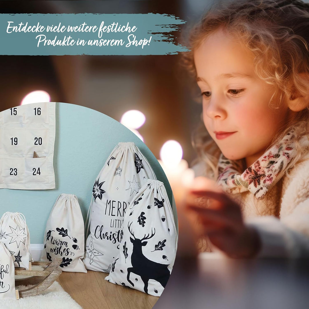 Papierdrachen 24 Adventskalender aus Stoff zum Befüllen - ein Lichtlein brennt - hochwertig bestickt