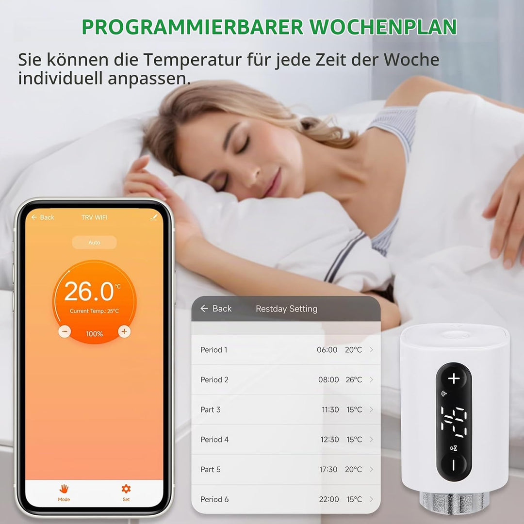 Wengart WiFi Heizkörperthermostat WG360, 2,4 GHz Tuya APP Heizkörperventil, programmierbares TRV zur