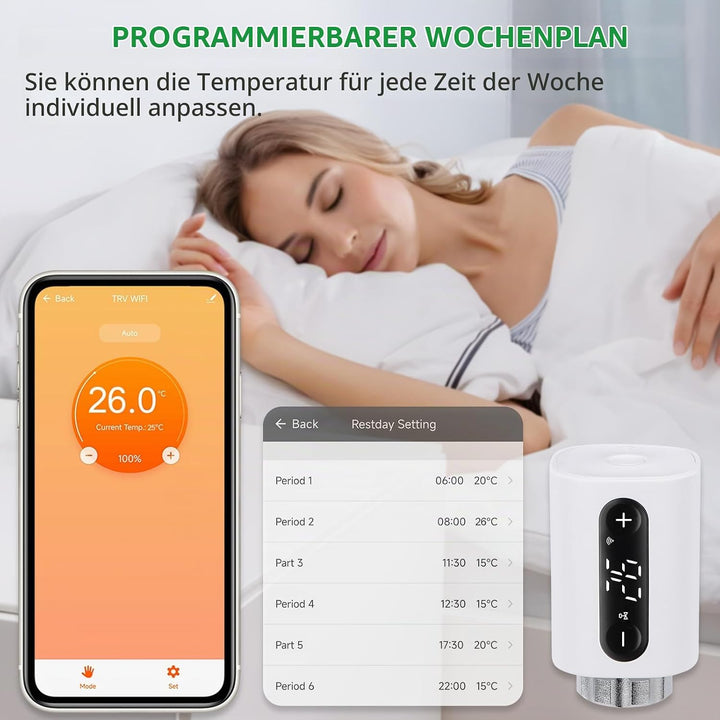 Wengart WiFi Heizkörperthermostat WG360, 2,4 GHz Tuya APP Heizkörperventil, programmierbares TRV zur