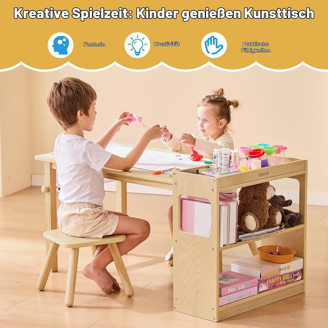 Kinder-Kunsttisch &amp; 2 Stühle Set mit Rollenpapier - Geräumiger Basteltisch mit Ablageflächen zum Zei