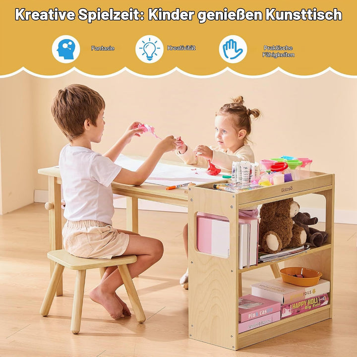 Kinder-Kunsttisch &amp; 2 Stühle Set mit Rollenpapier - Geräumiger Basteltisch mit Ablageflächen zum Zei