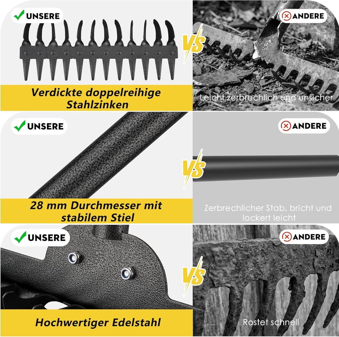 Gartenrechen, Breite Edelstahl-Rechen mit 12 Zinken, 157 cm Längenverstellbarer Rasenrechen mit Ruts
