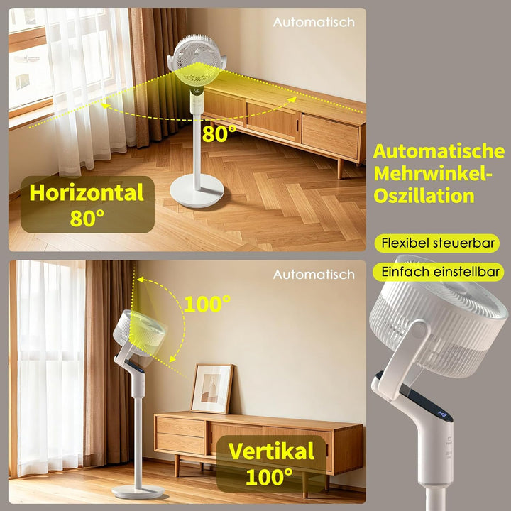Standventilator sehr leise, 20 dB Ventilator leise mit 80°+100° oszillierend, 58–106 cm Höhenverstel
