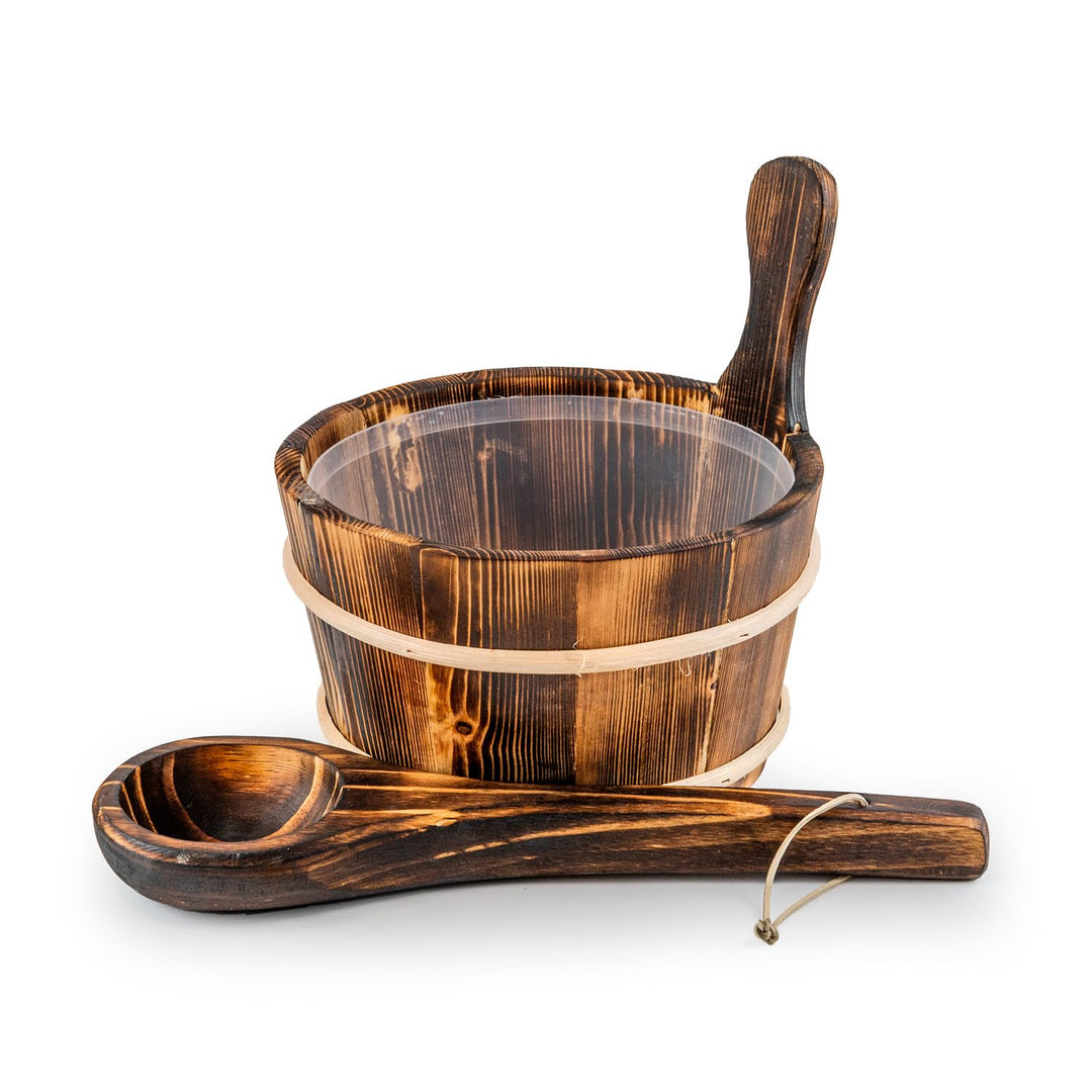 SAUNAINTER Sauna Eimer mit Kelle - Saunazubehör Set, Yakisugi Japan Stil verkohltes Holz, Kunststoff