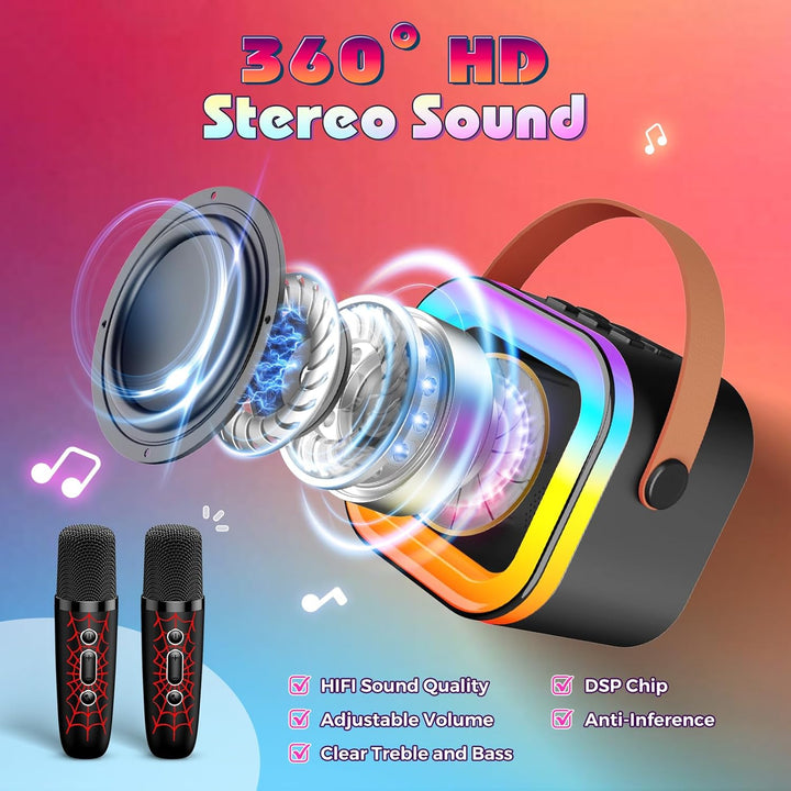 Braxel Karaoke Maschine mit 2 Bluetooth Mikrofon, Spider Spielzeug Geschenk für Junge Weihnachten Ge
