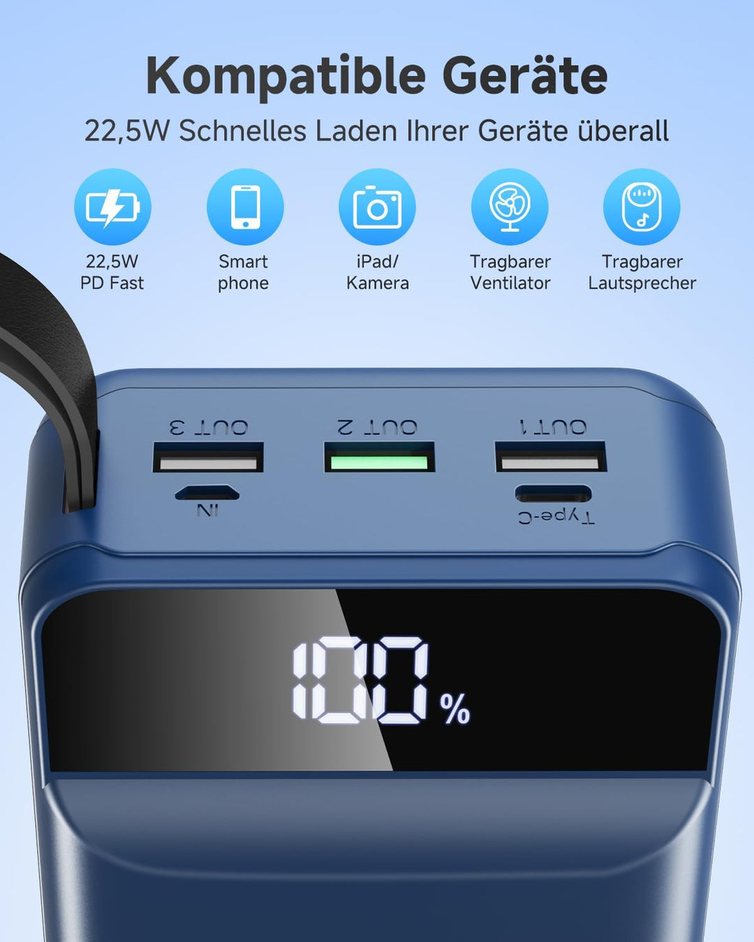 60000mAh Power Bank 22,5 W Powerbank USB-C Schnellladefunktion Externe Akku mit 4 Ausgänge und 2 Ein