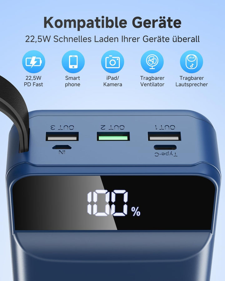60000mAh Power Bank 22,5 W Powerbank USB-C Schnellladefunktion Externe Akku mit 4 Ausgänge und 2 Ein