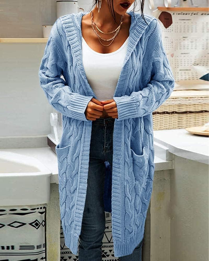 GeGekoko Strickjacke Damen mit Kapuze Langarm Grobstrick-Cardigan Open Front Sweater Herbst Winter C