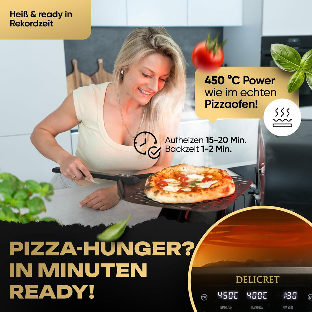 DELICRET elektrischer Pizzaofen 12” mit Pizzaschieber & Pizzateig Deluxe Kit mit San Marzano Tomaten