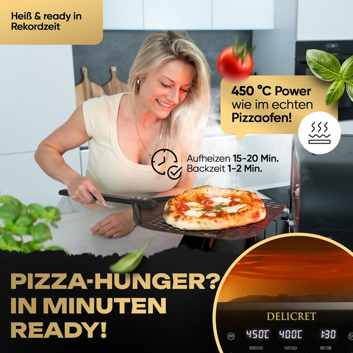 DELICRET elektrischer Pizzaofen 12” mit Pizzaschieber & Pizzateig Deluxe Kit mit San Marzano Tomaten