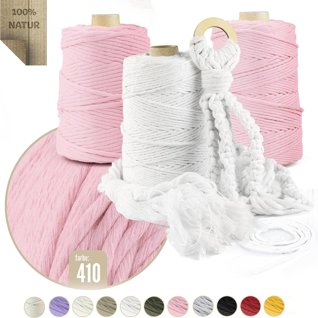 Seiletech.de Premium MAKRAMEE GARN | 900m | 5mm | Hellrosa | 100% Baumwolle | Kordel Natur | Baumwol