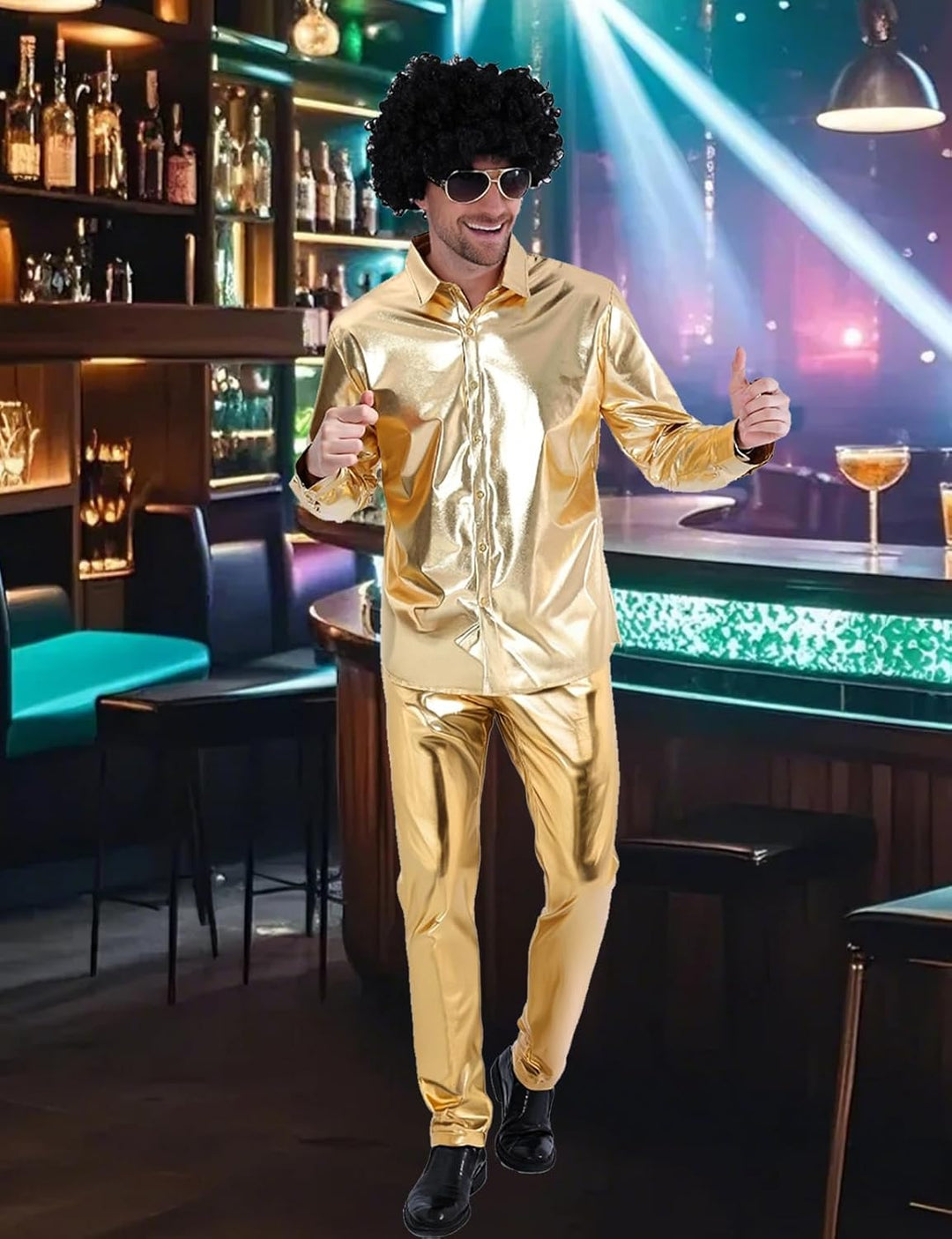 COSAVOROCK Herren 70er Jahre Disco Hose Metallic Glänzend Hosen 30W Gold, 30W Gold
