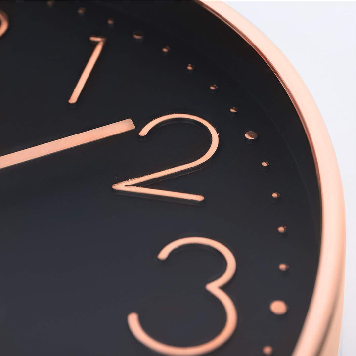 Lafocuse Schwarz Modern Wanduhr Lautlos 30cm, 3D Ziffern Rosegold Ohne Tickgeräusche, Quartz Wanduhr
