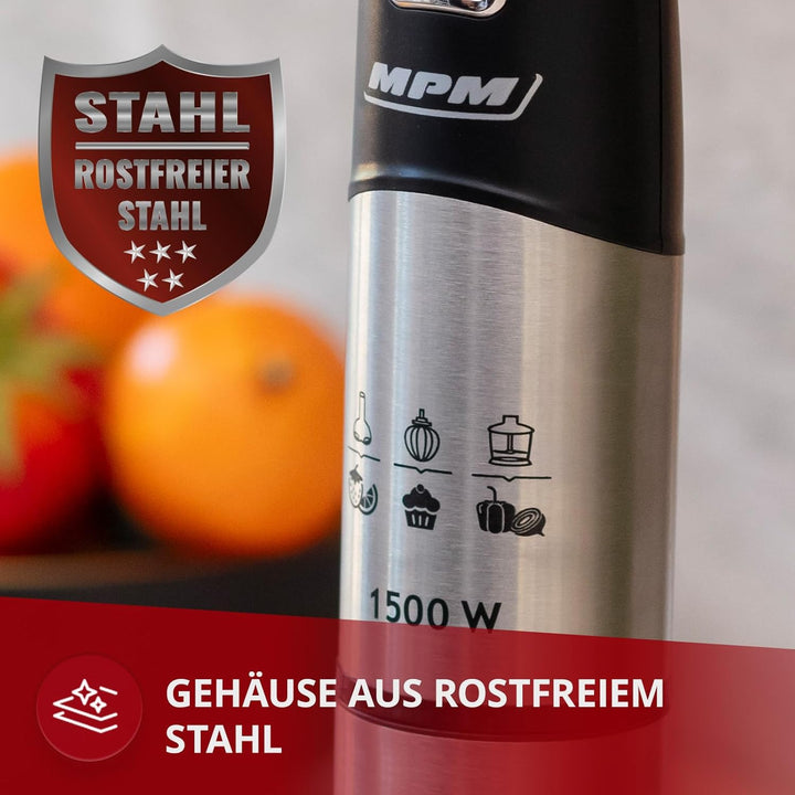 MPM MBL-34M Stabmixer Set 1500W - Pürierstab mit Behälter, 9 Geschwindigkeitsstufen, Edelstahlgehäus