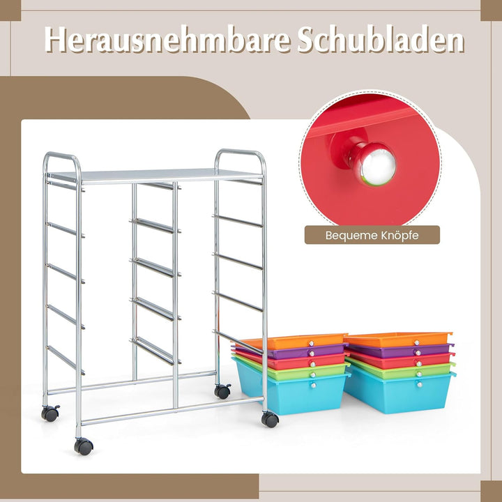 COSTWAY Rollwagen mit 10 stapelbaren Schubladen, Schubladenwagen Rollcontainer mit Metallgestell und