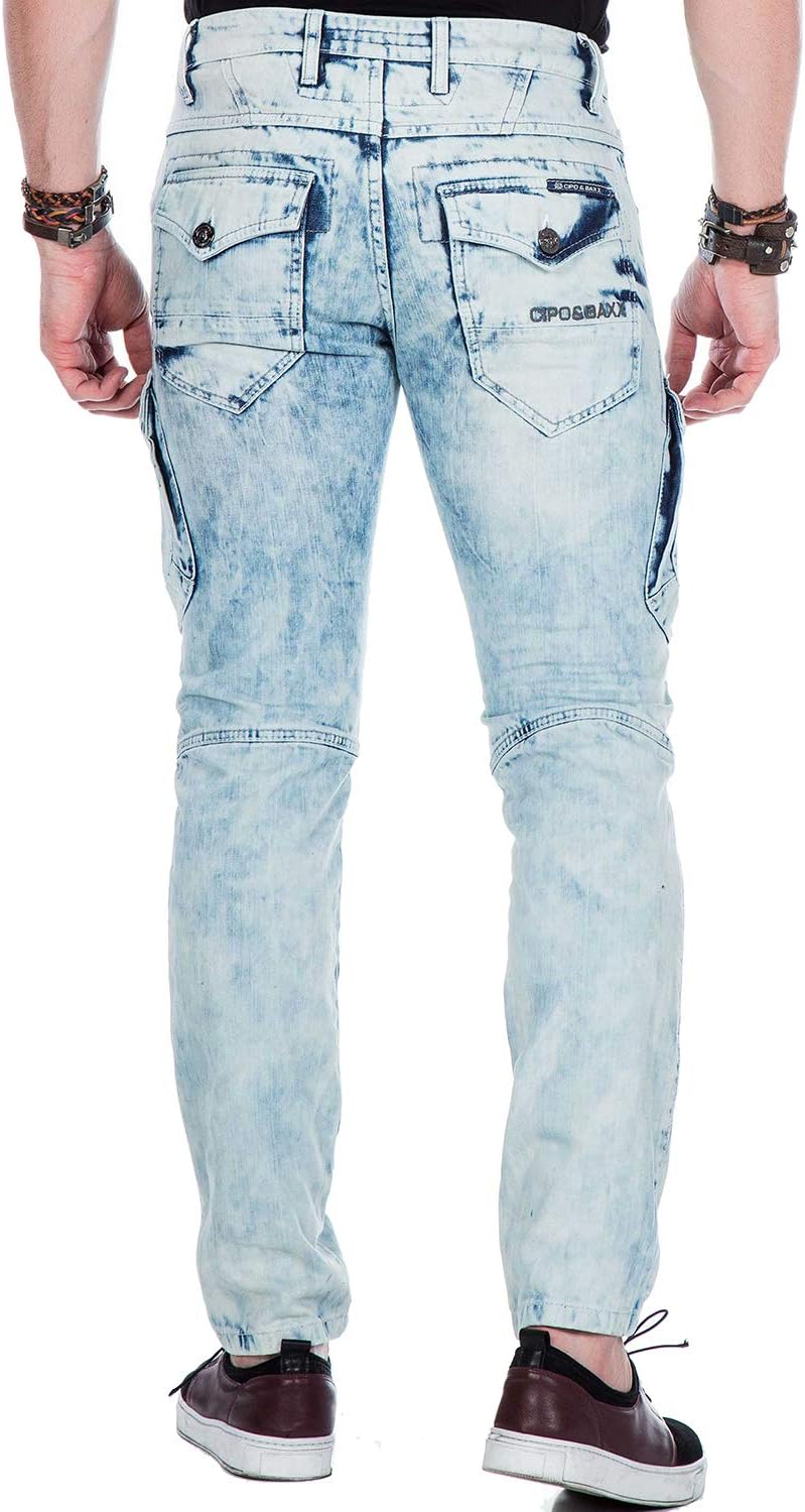 Cipo Baxx Herren Jeans Hose Slim Fit Cargo Design Denim Freizeit Hose Hellblau W32 L34