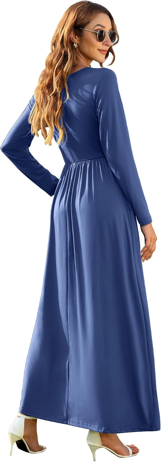 AUSELILY Damen Langarm Maxikleider Lässige Langkleider mit Taschen Winter XS Königsblau, XS Königsbl