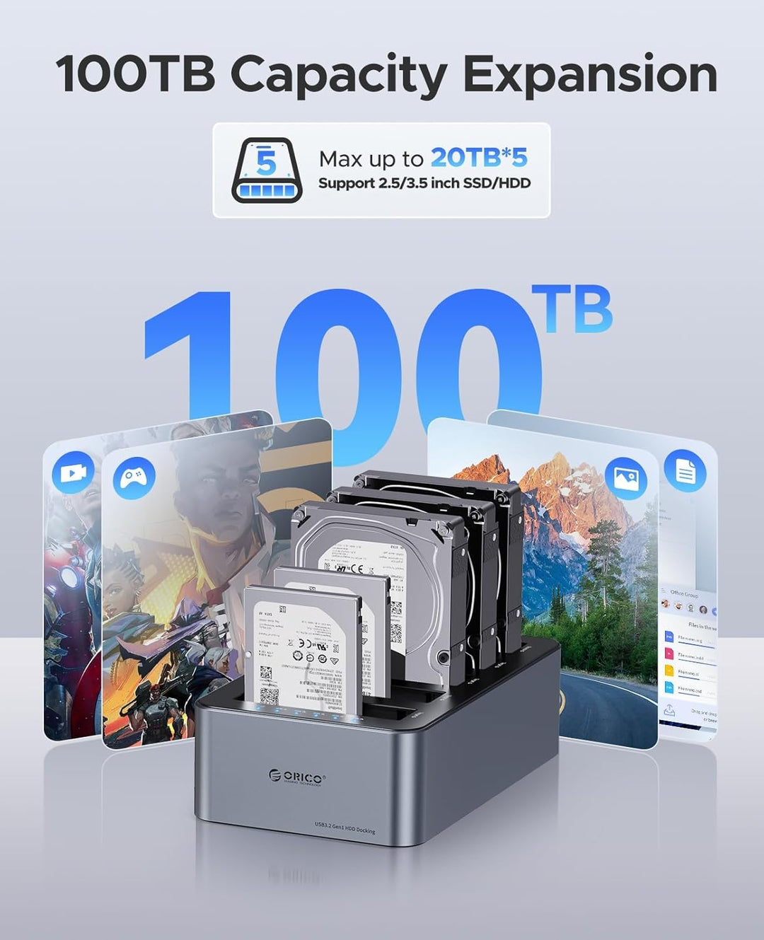 ORICO Aluminium Clone HDD Docking Station, 5 Bay Festplattengehäuse USB 3.2 Gen 1 für SATA 2,5/3,5 Z