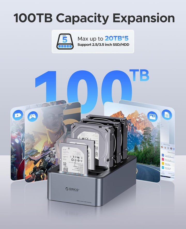 ORICO Aluminium Clone HDD Docking Station, 5 Bay Festplattengehäuse USB 3.2 Gen 1 für SATA 2,5/3,5 Z