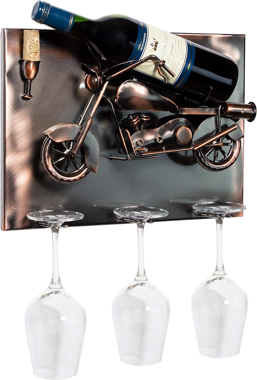 Brubaker Weinflaschenhalter Motorrad - Wall Art Bild Metall - mit 3 Glashaltern - inklusive Grusskar