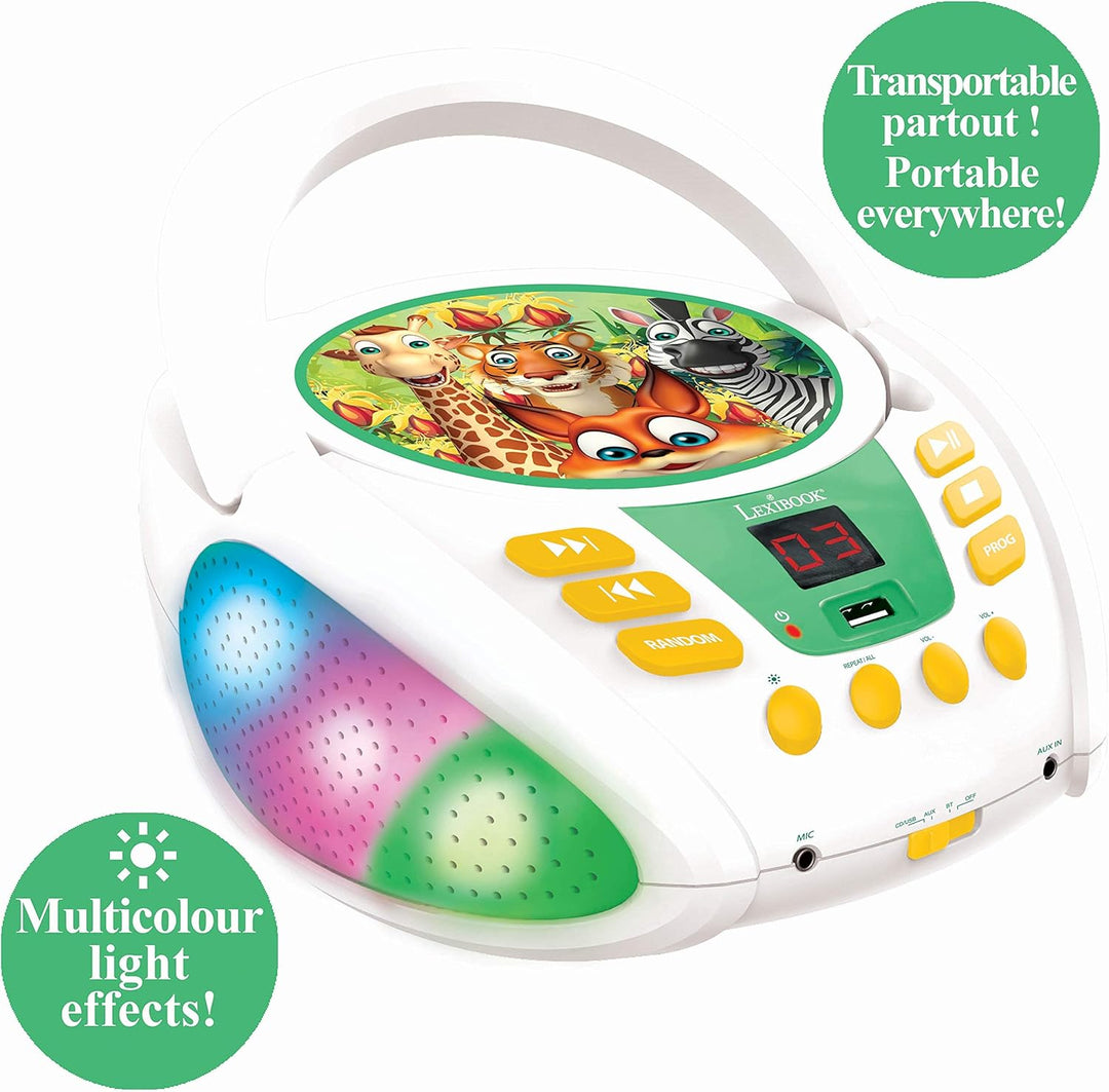 Lexibook RCD109ANX Dschungeltieren-Bluetooth-CD-Player für Kinder-Tragbar, Lichteffekte, Mikrofonbuc