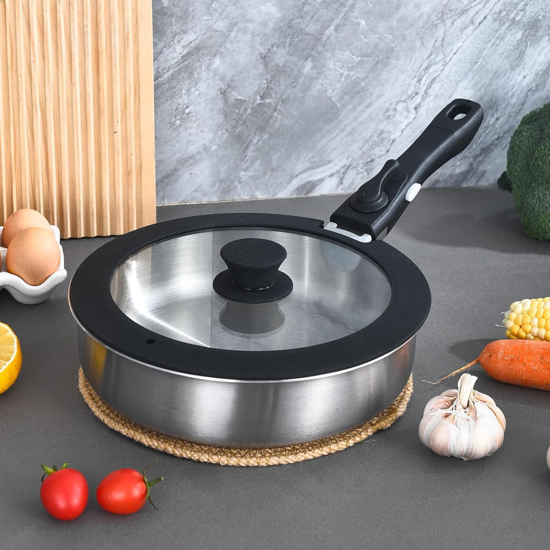 INQIBEE Pfannenset mit Abnehmbarem Griff, Edelstahl, 22+28 cm mit Deckel, Induktionsgeeignet, Stapel