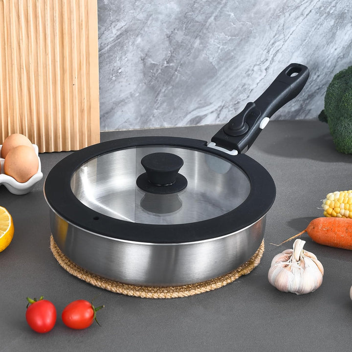 INQIBEE Pfannenset mit Abnehmbarem Griff, Edelstahl, 22+28 cm mit Deckel, Induktionsgeeignet, Stapel