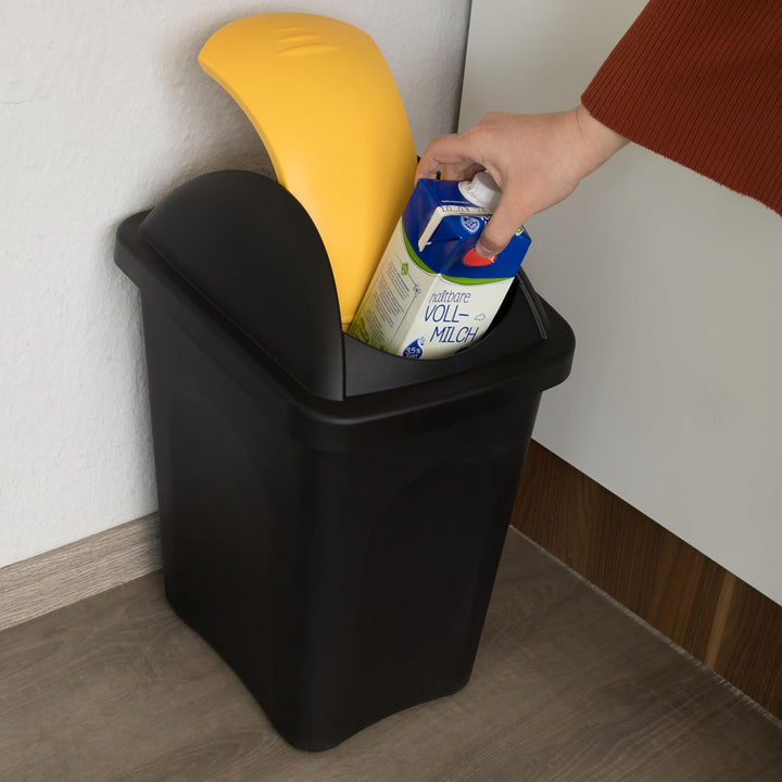 Mülleimer 30l schwarz gelb eckig, Schwingdeckel Mülleimer Küche, Mülltonne, Abfalleimer Küche, Mistk