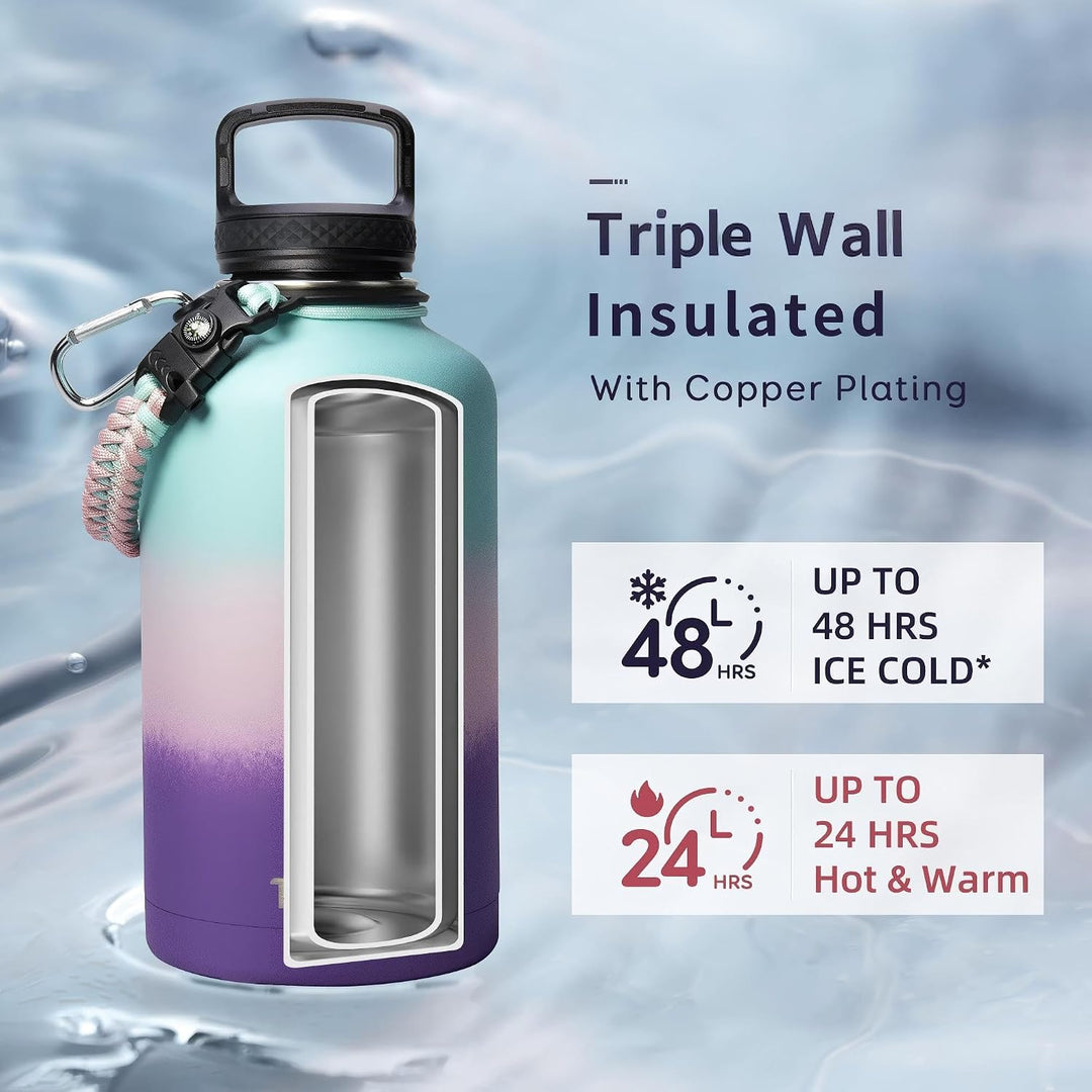Trebo Wasserflasche 1.8 l mit Paracord-Griff, halbe Gallone, lebensmittelechter, doppelwandiger Vaku