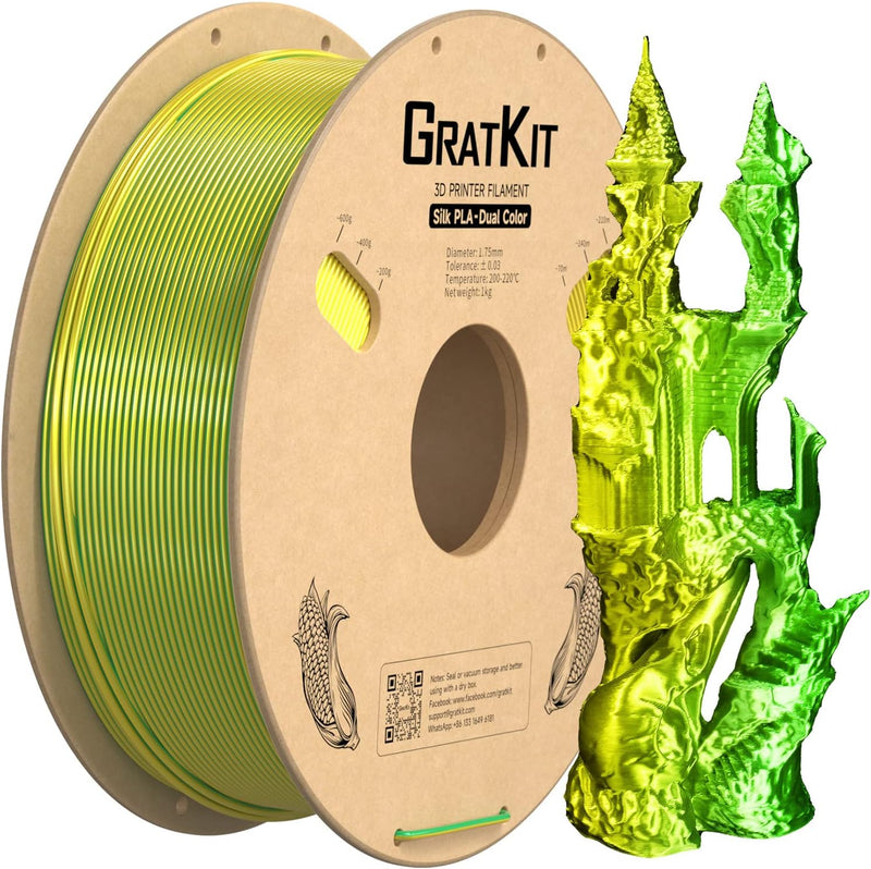 GratKit Silk Zweifarbig PLA Filament 1.75mm, -0.03mm, Coextrusion PLA Filament, 3D Drucker Filament,