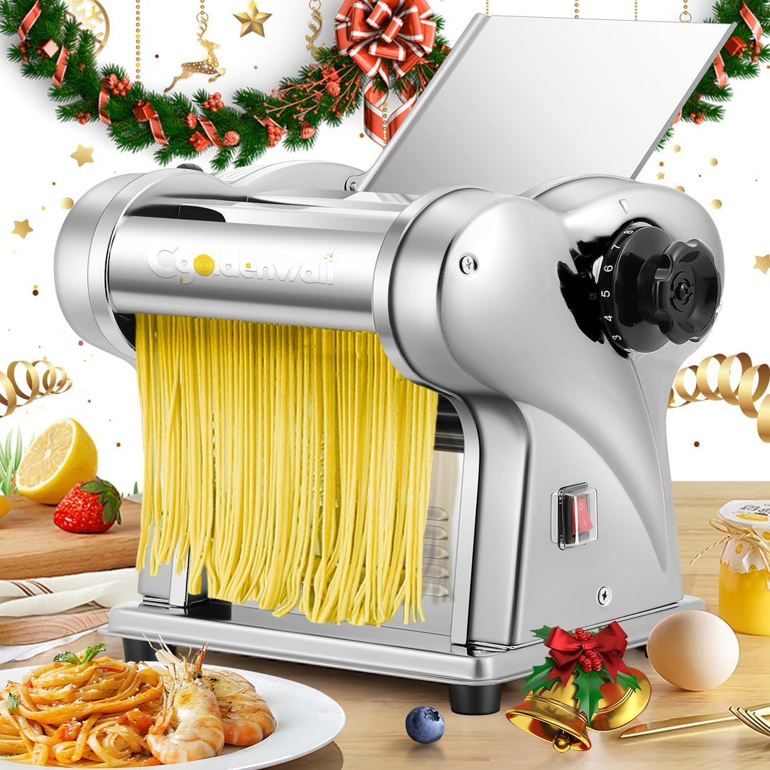 CGOLDENWALL Elektrische Nudelmaschine Frische Edelstahl-Teigausrollmaschine mit 2 Klingen von 1.5 mm