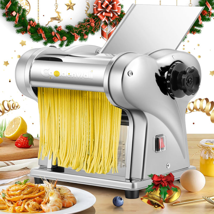 CGOLDENWALL Elektrische Nudelmaschine Frische Edelstahl-Teigausrollmaschine mit 2 Klingen von 1.5 mm